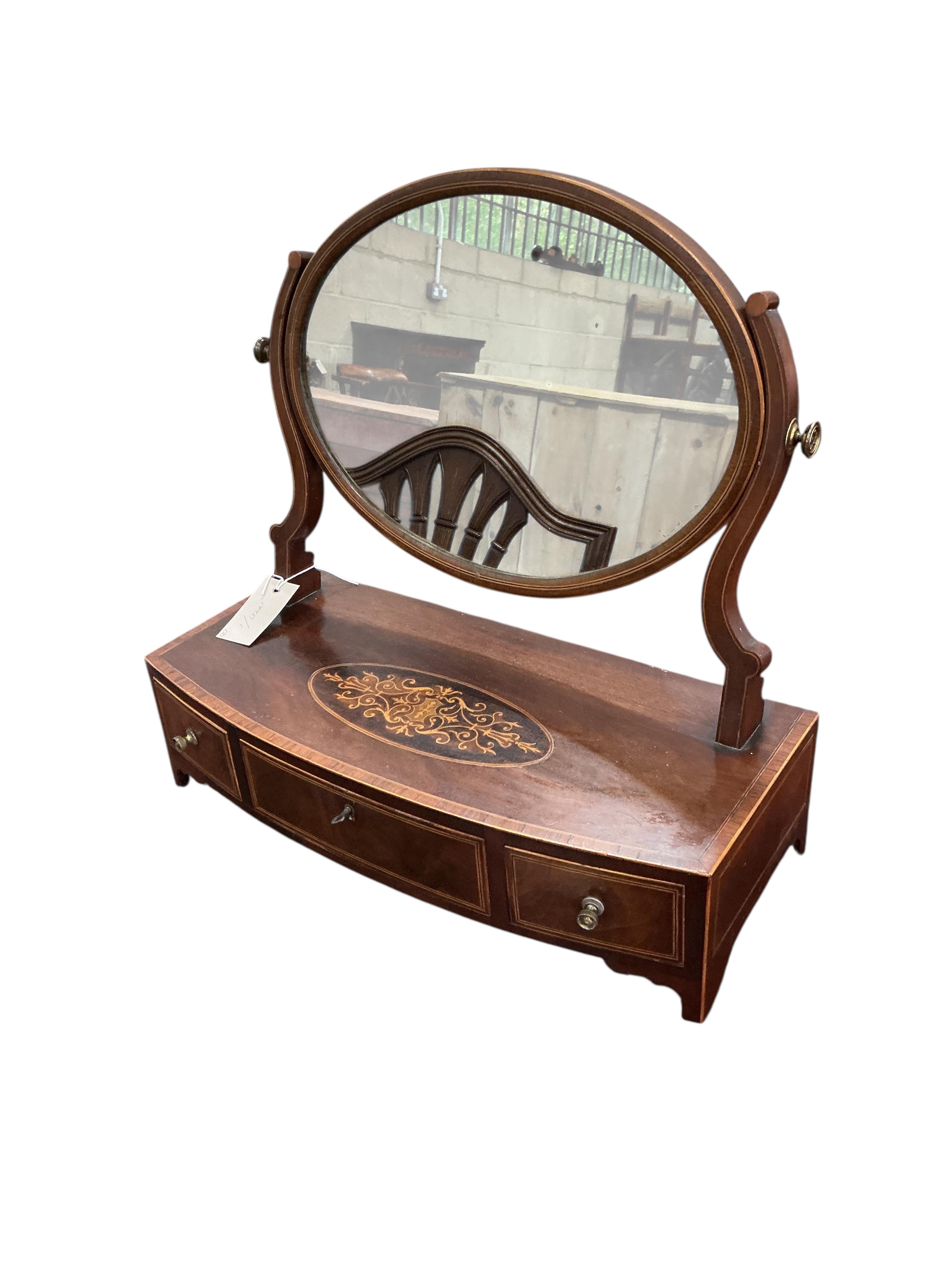 Two George III and later inlaid mahogany toilet mirrors, larger width 67cm, depth 24cm, height 79cm